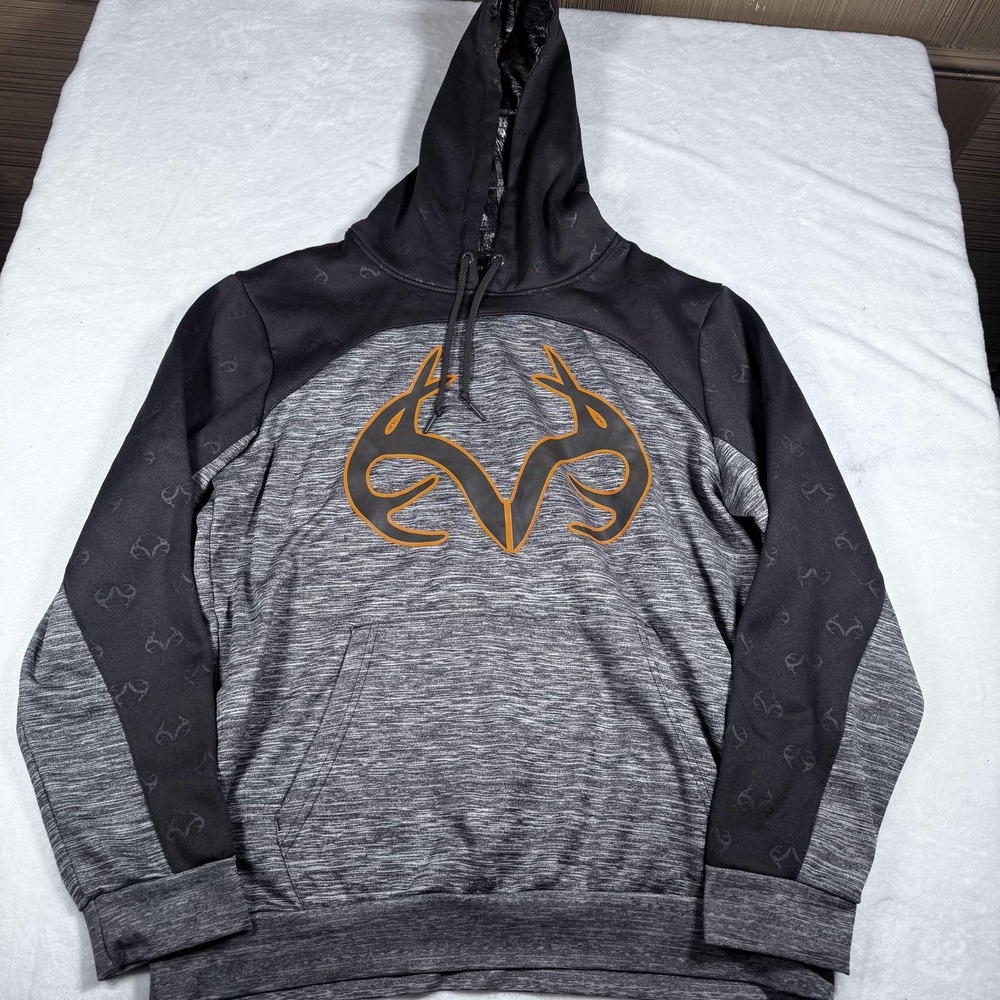 Realtree Hoodie Mens Large Gray Pullover Fleece Camo Hood Antler Logo Hunting